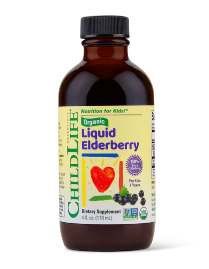 Childlife Essentials Organic Liquid Elderberry in 118ml bottle, featuring dark purple elderberry syrup with a dropper for kids.