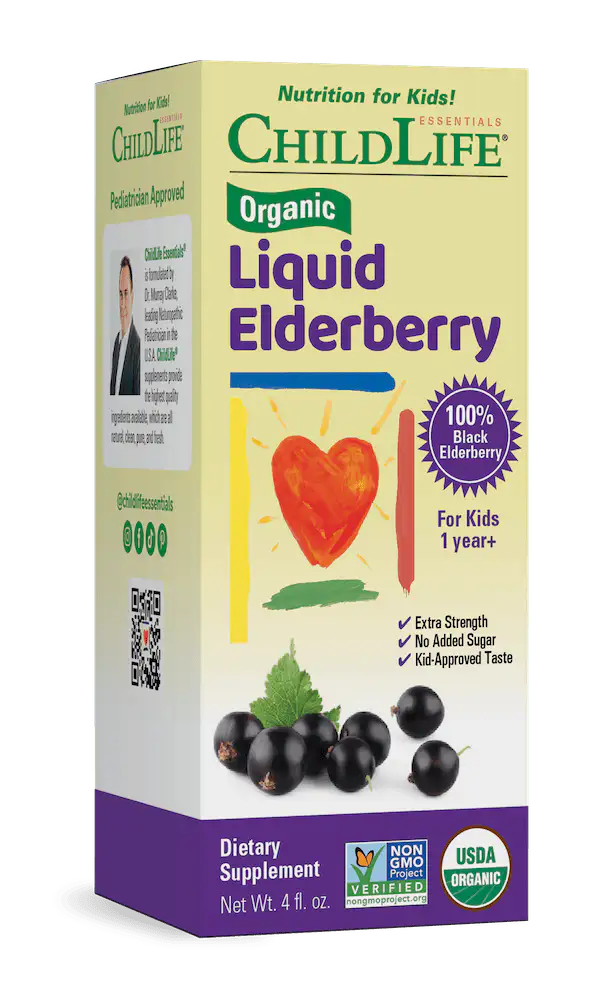 Childlife Essentials Organic Liquid Elderberry supplement in 118ml bottle, featuring dark purple elderberry liquid for immune support