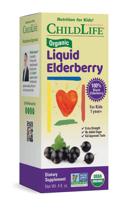 Childlife Essentials Organic Liquid Elderberry supplement in 118ml bottle, featuring dark purple elderberry liquid for immune support