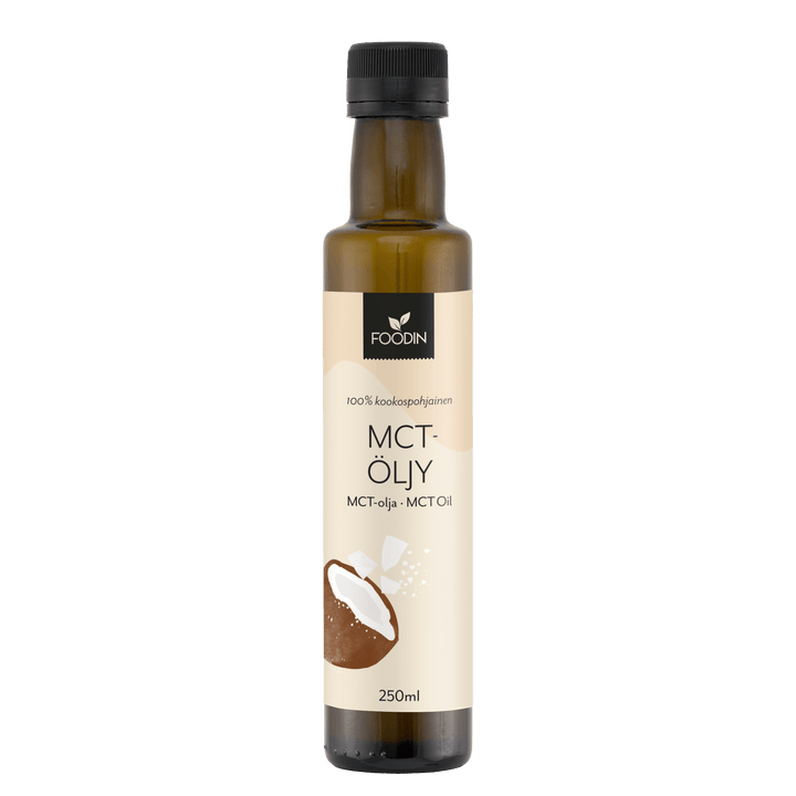 Bottle of Organax Ltd MCT Oil with C8 from coconut, 250ml, featuring clear label and cap on a white background.