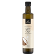 Organic MCT coconut oil in a 500ml bottle from Organax Ltd, showing clear liquid coconut oil with a label on the bottle.