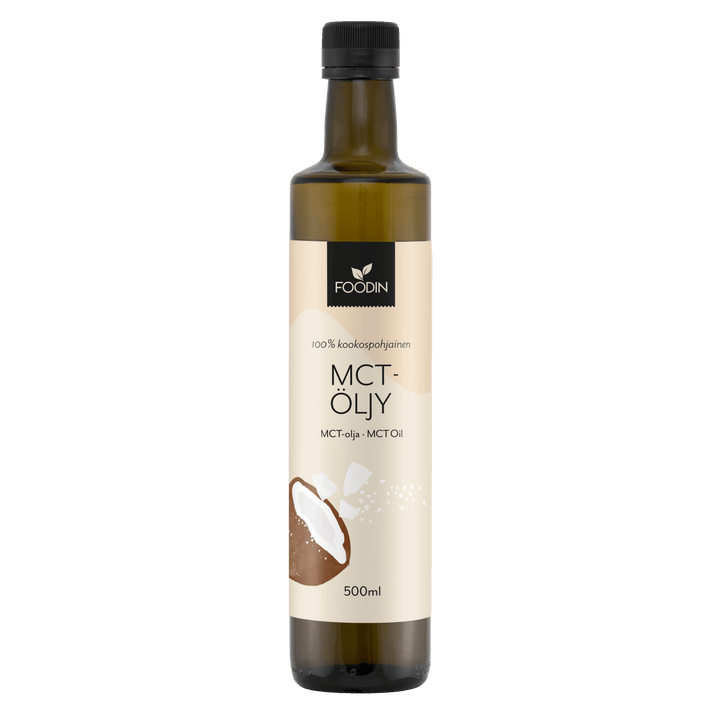 Organic MCT coconut oil in a 500ml bottle from Organax Ltd, showing clear liquid coconut oil with a label on the bottle.