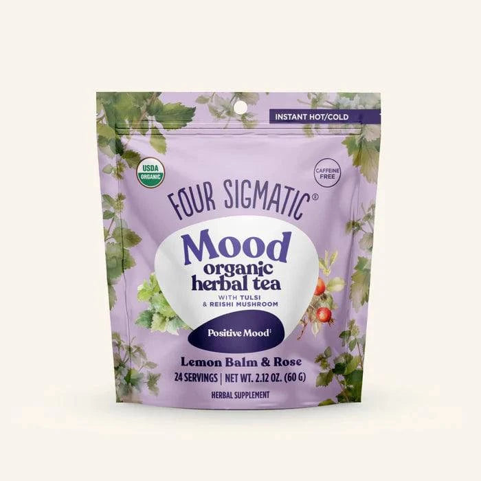 Organic Mood Herbal Tea by Four Sigmatic in a 60g package, featuring a blend of herbs for relaxation and mood support.