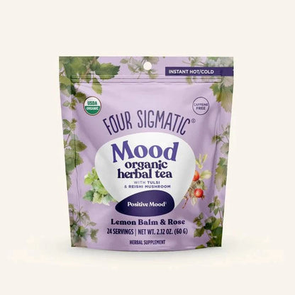 Organic Mood Herbal Tea by Four Sigmatic in a 60g package, featuring a blend of herbs for relaxation and mood support.