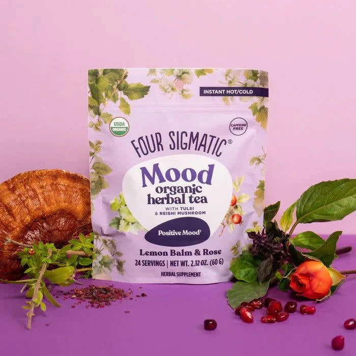 Organic Four Sigmatic Mood Herbal Tea in a 60g package, featuring a calming blend of herbs displayed in a mug.
