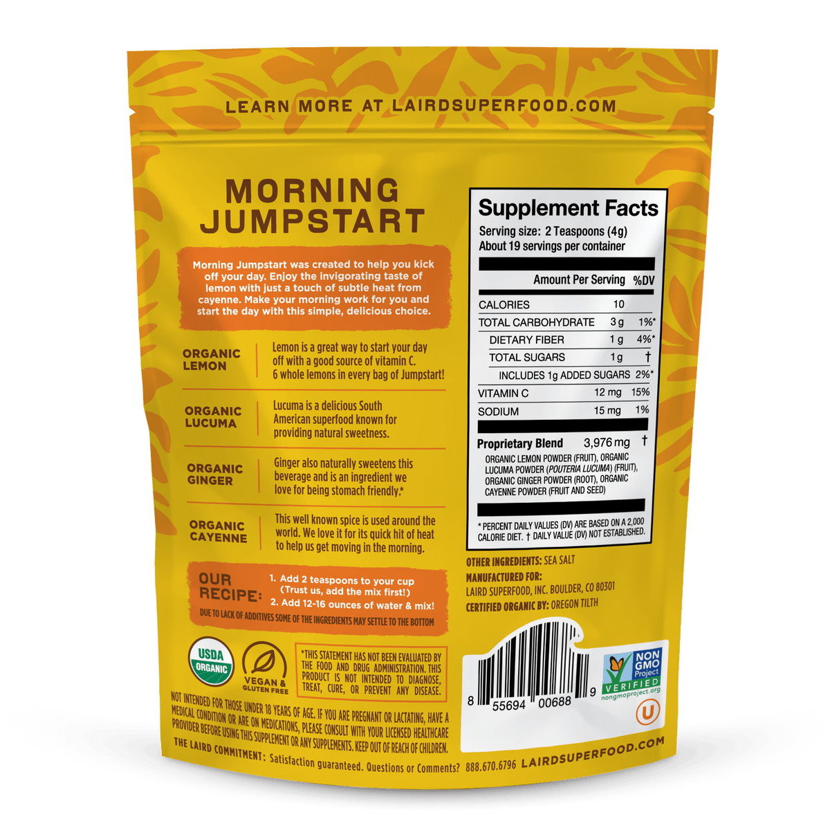 Laird Organic Morning Jumpstart supplement in 77g container, featuring natural ingredients for energy and wellness.