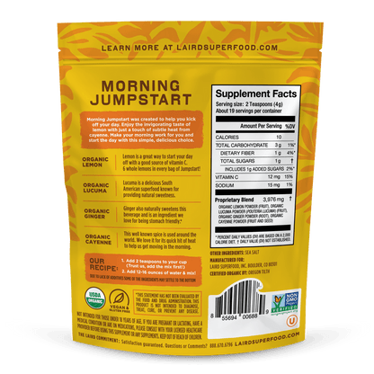 Laird Organic Morning Jumpstart supplement in 77g container, featuring natural ingredients for energy and wellness.