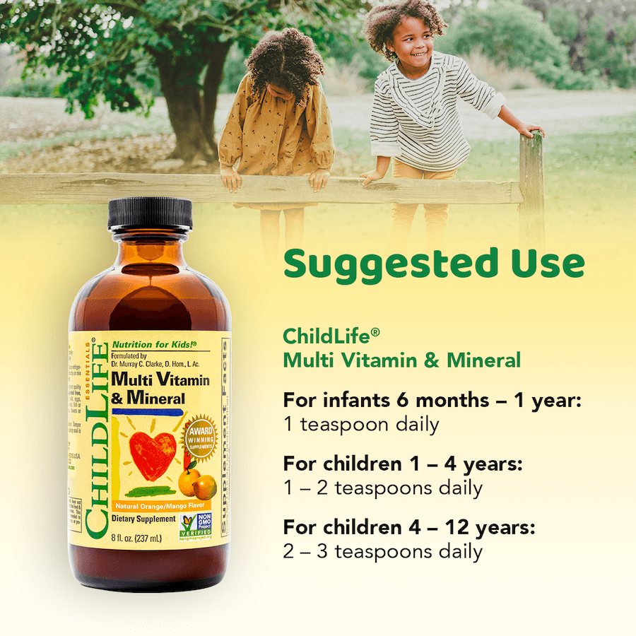 Childlife Essentials children’s multi vitamin and mineral supplement in a 240ml glass bottle, with colorful label and cap.