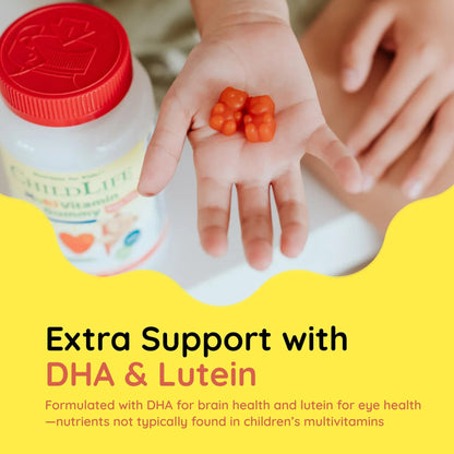 Childlife Essentials strawberry lemon flavored multi vitamin gummies for children, 90 soft chews in a colorful container.