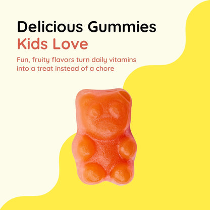 Childlife Essentials strawberry lemon flavored multivitamin gummies for children, shown in a clear container with colorful gummies.