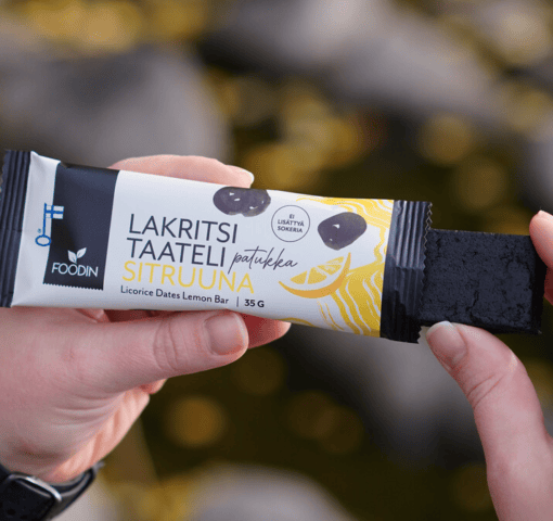 Organic Licorice Dates Bar Lemon by Organax Ltd, 35g x 18 pcs, showing the bar with licorice and lemon flavor ingredients.