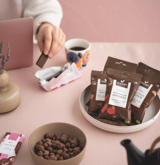 Organic Raw Chocolate Banana snack by Organax Ltd in 70g packaging, featuring a chocolate-covered banana piece on the image.