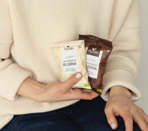 Organic raw chocolate raisins from FoodIn by Organax Ltd, close-up showing glossy raisins coated in dark chocolate.