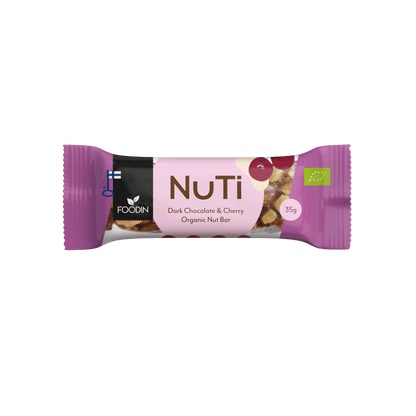 Organic NUTI dark chocolate and cherry snack bar by Organax Ltd, 35g, showing the chocolate and cherry ingredients.