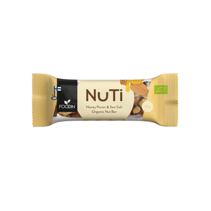 Organic NUTI honey pecans with sea salt from FoodIn, 35g bars, showing glazed pecans with sea salt crystals.