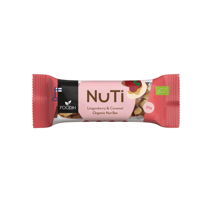 Organic Foodin NUTI Lingonberry & Caramel snack bars by Organax Ltd, showing 15 packaging units in a natural setting.