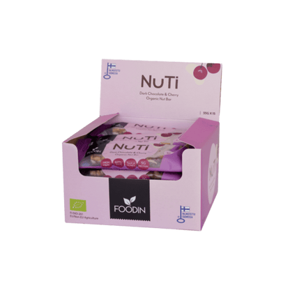 Organic NUTI dark chocolate with cherry from FoodIn by Organax Ltd, 35g each, 15-piece box with chocolate and cherry pieces visible