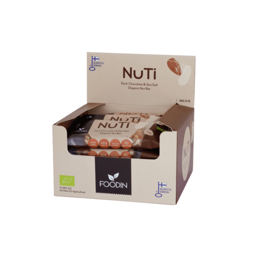 Organic NUTI almonds coated in dark chocolate with sea salt, displayed in a 35g package by Organax Ltd.