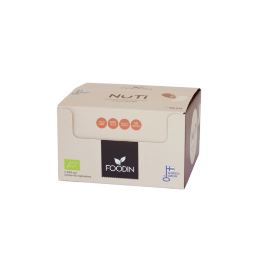 Organic NUTI almonds with dark chocolate and sea salt from FoodIn, displayed in a 35g package, arranged in a box.