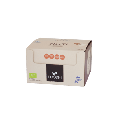 Organic NUTI almonds with dark chocolate and sea salt from FoodIn, displayed in a 35g package, arranged in a box.