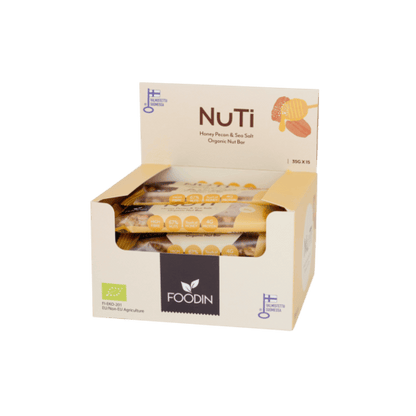 Organic NUTI Honey Pecans with Sea Salt from FoodIn, 35g snack pack, featuring crunchy pecans coated with honey and sea salt.