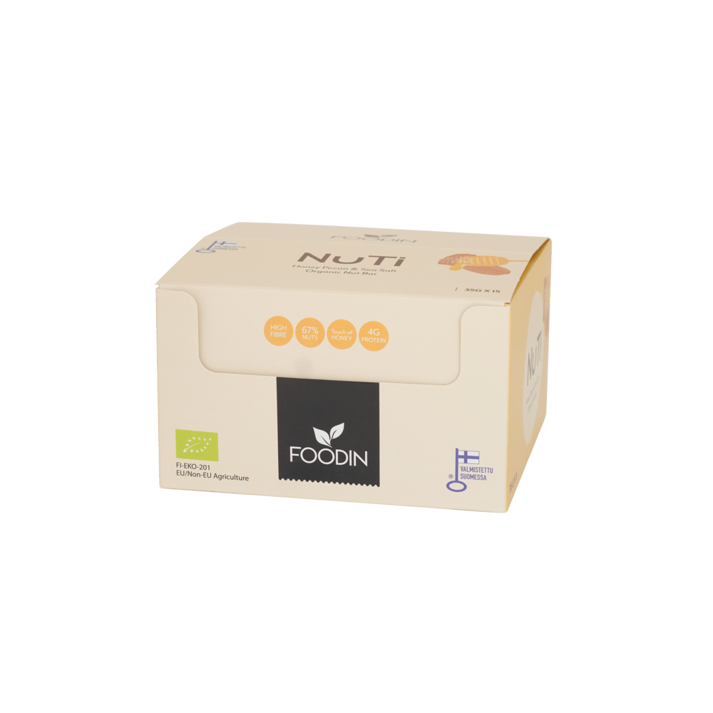 Organic NUTI Honey Pecans and Sea Salt snack pack by Organax Ltd, 15 pieces of 35g each with pecans coated in honey and sea salt.