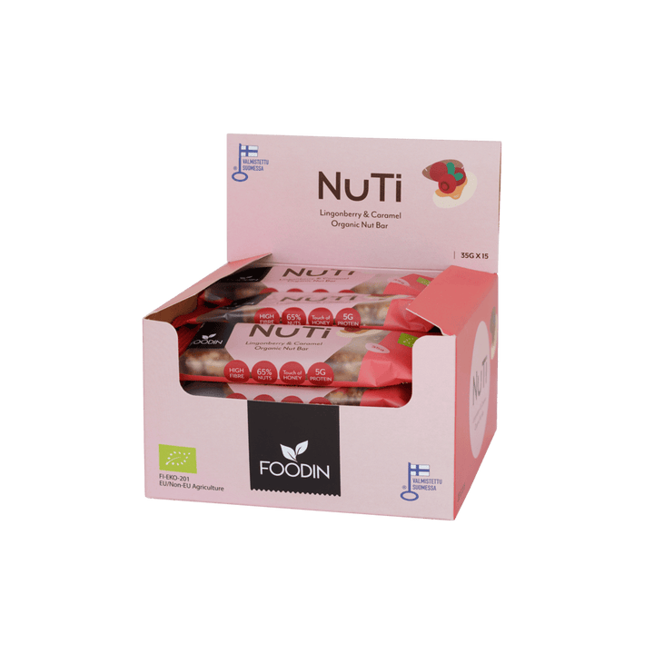 Organic Foodin NUTI Lingonberry & Caramel snack pack showing 15 individual 35g bars with lingonberries and caramel flavor.