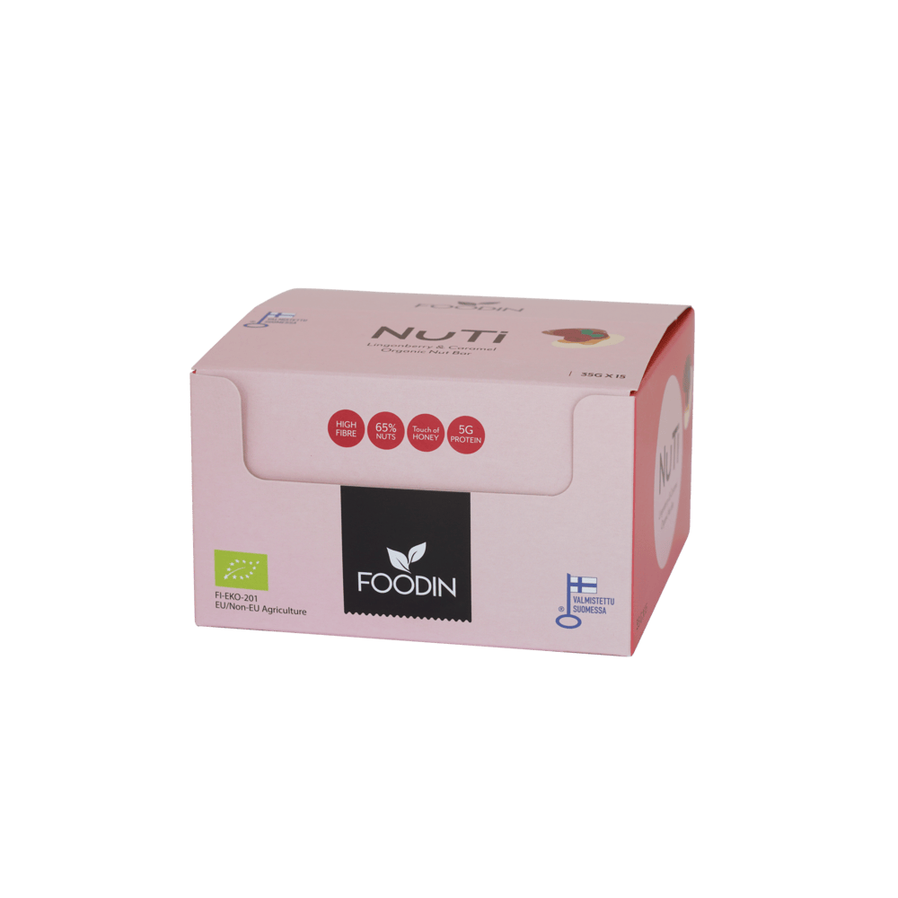 Organic Foodin NUTI Lingonberry & Caramel candies in 35g packages, displayed together in a box.