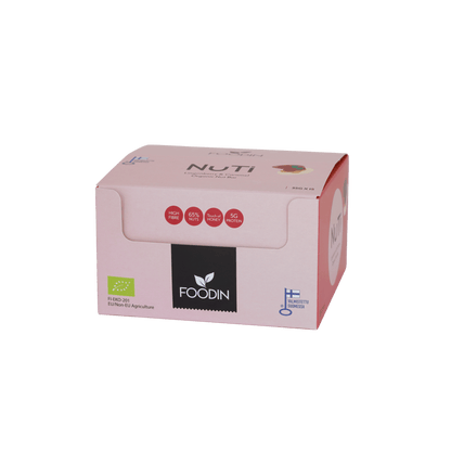 Organic Foodin NUTI Lingonberry & Caramel candies in 35g packages, displayed together in a box.