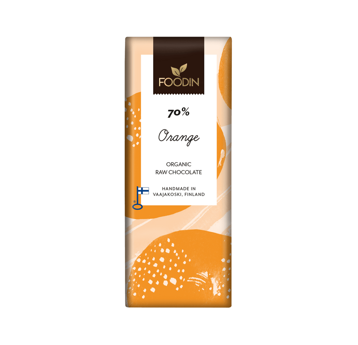 Organic raw chocolate orange bar by Foodin with 70% cocoa content, displayed alongside a fresh orange.