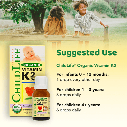 Childlife Essentials Vitamin K2 Berry in 12ml glass bottle, organic supplement with colorful berry flavor and natural ingredients.