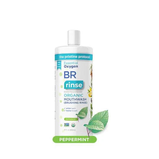 Organic Essential Oxygen BR Mouthwash with peppermint flavor in 88ml bottle, featuring a clear liquid and minty aroma.