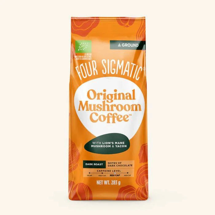 Organic Four Sigmatic Lion's Mane ground coffee by Organax Ltd, dark roast, 13 servings, 283g, in a bag.
