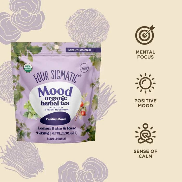 Organic Four Sigmatic Mood Herbal Tea in a 60g package, featuring calming herbs and natural ingredients for mood support.