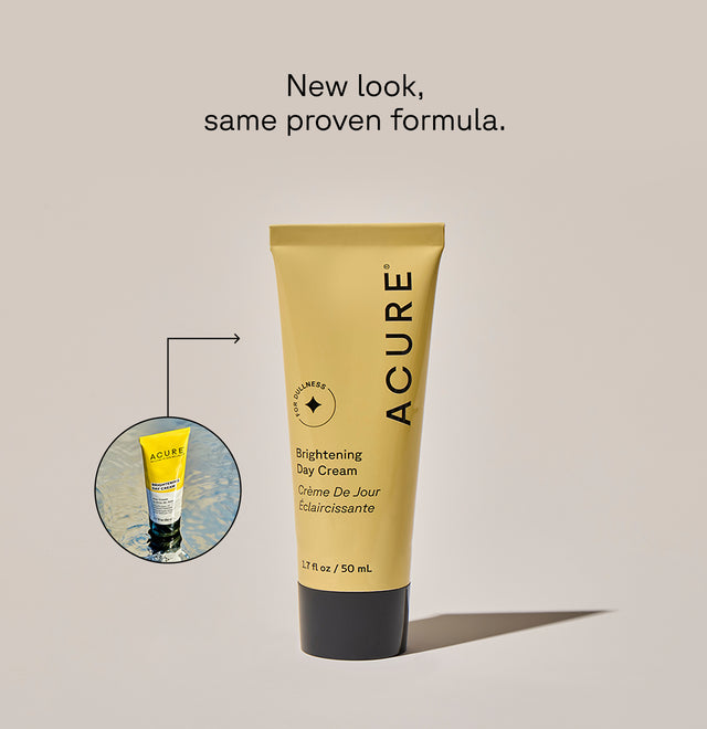 Brightening day cream in a 50ml jar labeled ACURE Brightening Day Cream, with a smooth, creamy texture and fresh packaging.