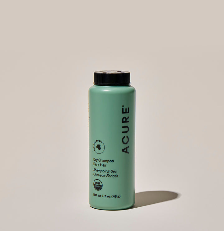 ACURE Dry Shampoo for Brunette to Dark Hair by Organax Ltd, 48g, with cocoa and arrowroot, showing the dry shampoo bottle and packaging