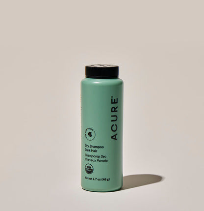 ACURE Dry Shampoo for Brunette to Dark Hair by Organax Ltd, 48g, with cocoa and arrowroot, showing the dry shampoo bottle and packaging
