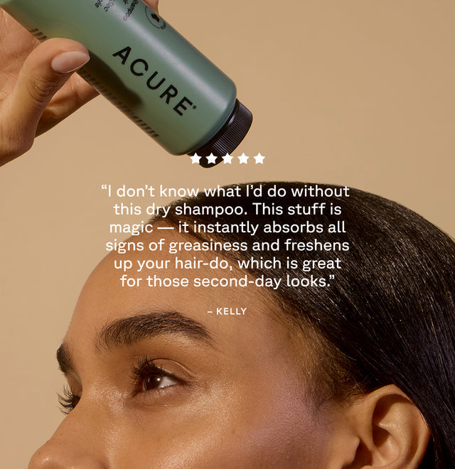 ACURE Dry Shampoo for Brunette to Dark Hair by Organax Ltd, 48g, showing the cocoa and arrowroot formula in a spray bottle.