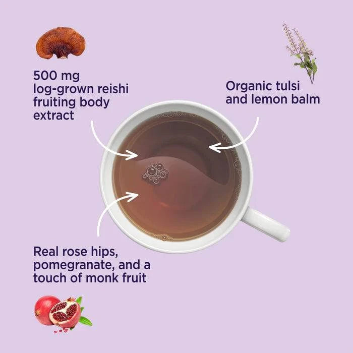 Four Sigmatic Organic Mood Herbal Tea package with herbal ingredients in a 60g container, natural mood-boosting herbal tea from Organax Ltd.