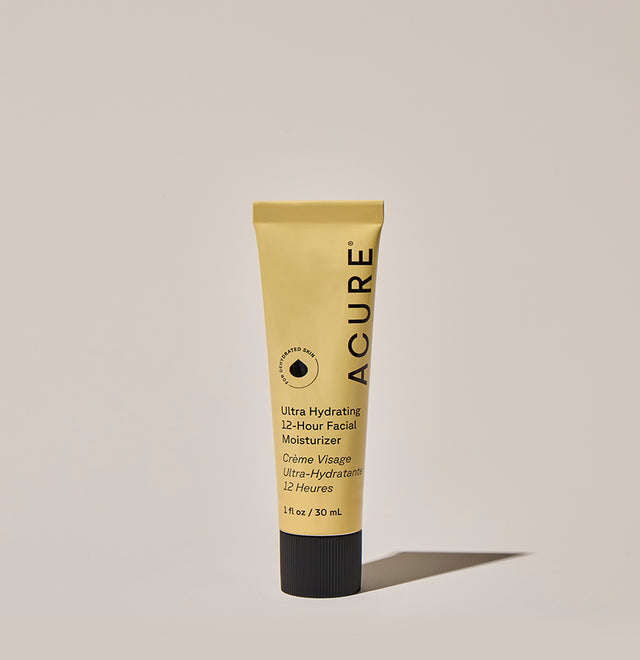 ACURE Ultra Hydrating 12-Hour Facial Moisturizer in 30ML container, showcasing smooth cream texture and packaging.