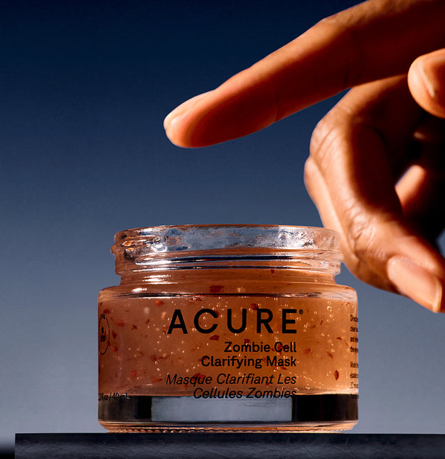 ACURE Zombie Cell Clarifying Mask 40ML in a clear jar with a green-tinted mask and white lid, ready for skincare application.