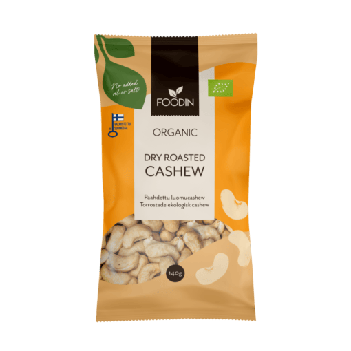 Organic FoodIn dry roasted cashews from Organax Ltd in a 140g package, showing golden roasted cashew nuts.