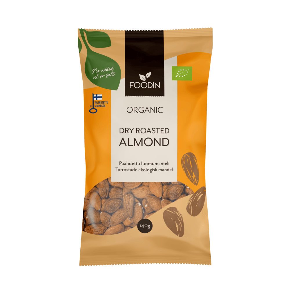 Organic dry roasted almonds from Organax Ltd in a 140g package, showing golden-brown almonds ready to eat.