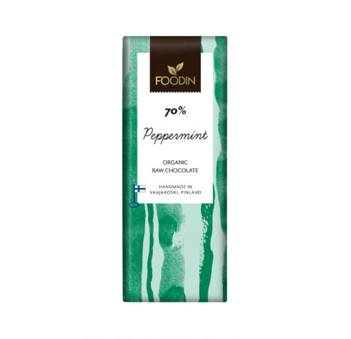 Organic raw chocolate with peppermint flavor, 70% cacao, from Foodin by Organax Ltd, shown in the image.