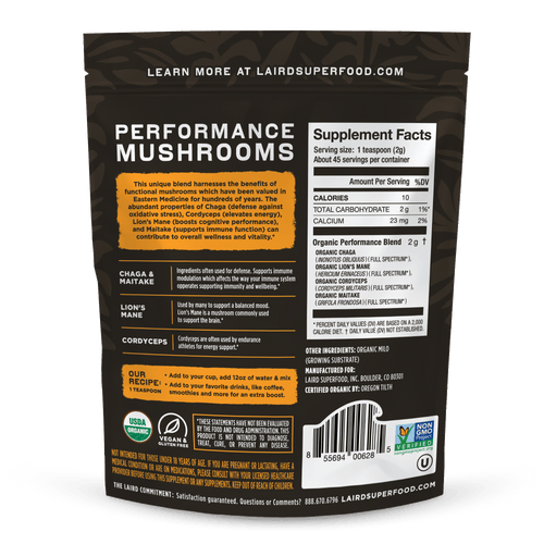Organic Performance Mushrooms by Organax Ltd in a 90g package, showcasing fresh, whole edible mushrooms for health benefits.
