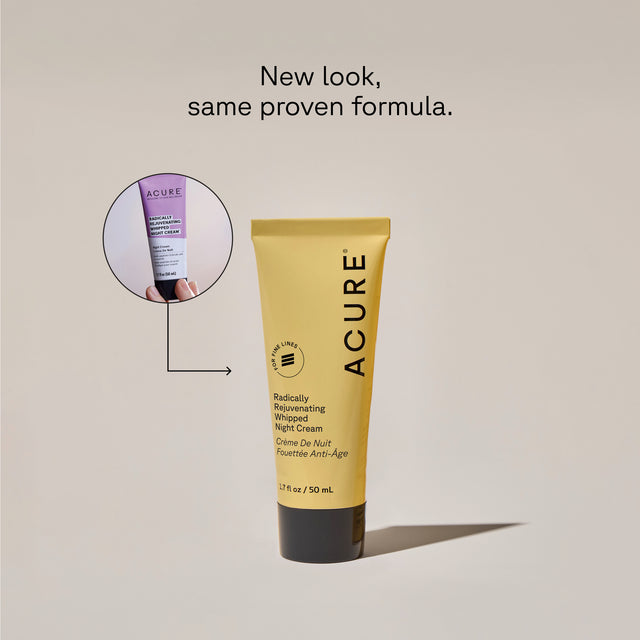 ACURE Radically Rejuvenating Whipped Night Cream in a 50ML jar, featuring a smooth, creamy texture with a fresh, clean appearance.