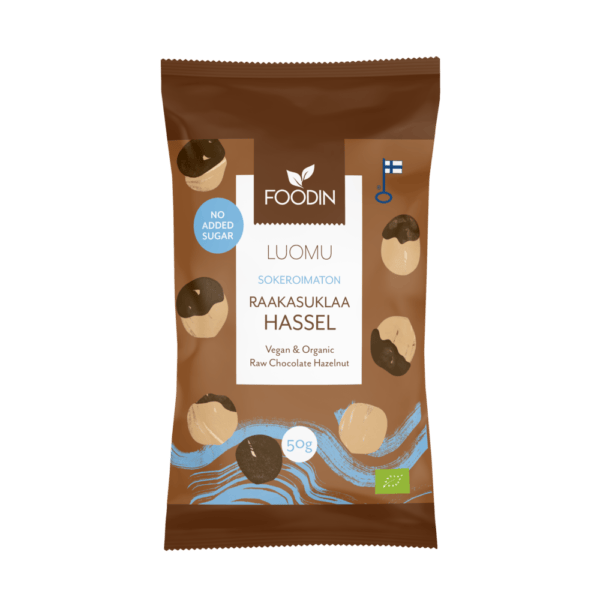 Organic raw chocolate with hazelnuts by Organax Ltd, no added sugar, 50g bar with a rich chocolate and hazelnut appearance.
