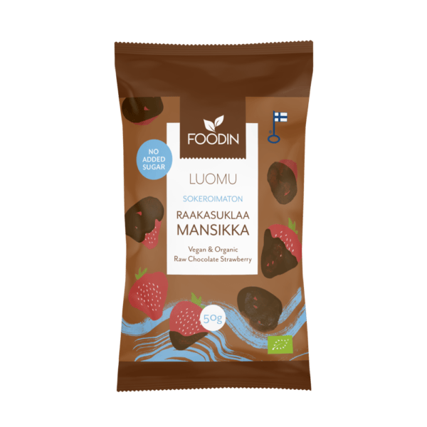 Organic raw chocolate with strawberry flavor from FoodIn by Organax Ltd, 50g package with visible chocolate and strawberry pieces.