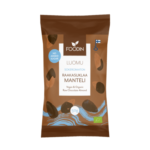 Organic raw chocolate almond snack by Organax Ltd in a 50g package, featuring no added sugar and a textured chocolate and almond surface.