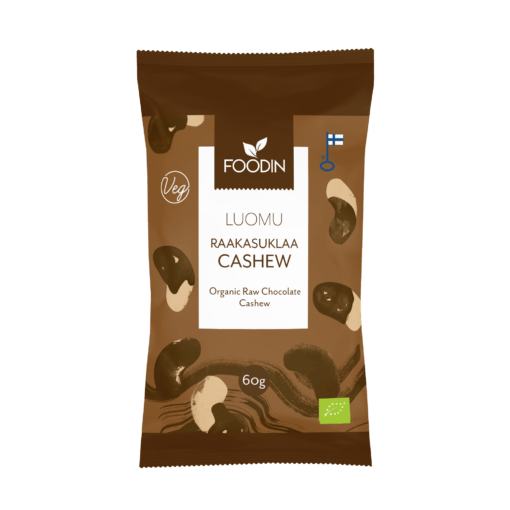 Organic raw chocolate cashew snack in a 60g package by Organax Ltd, showing a close-up of the chocolate-coated cashews.